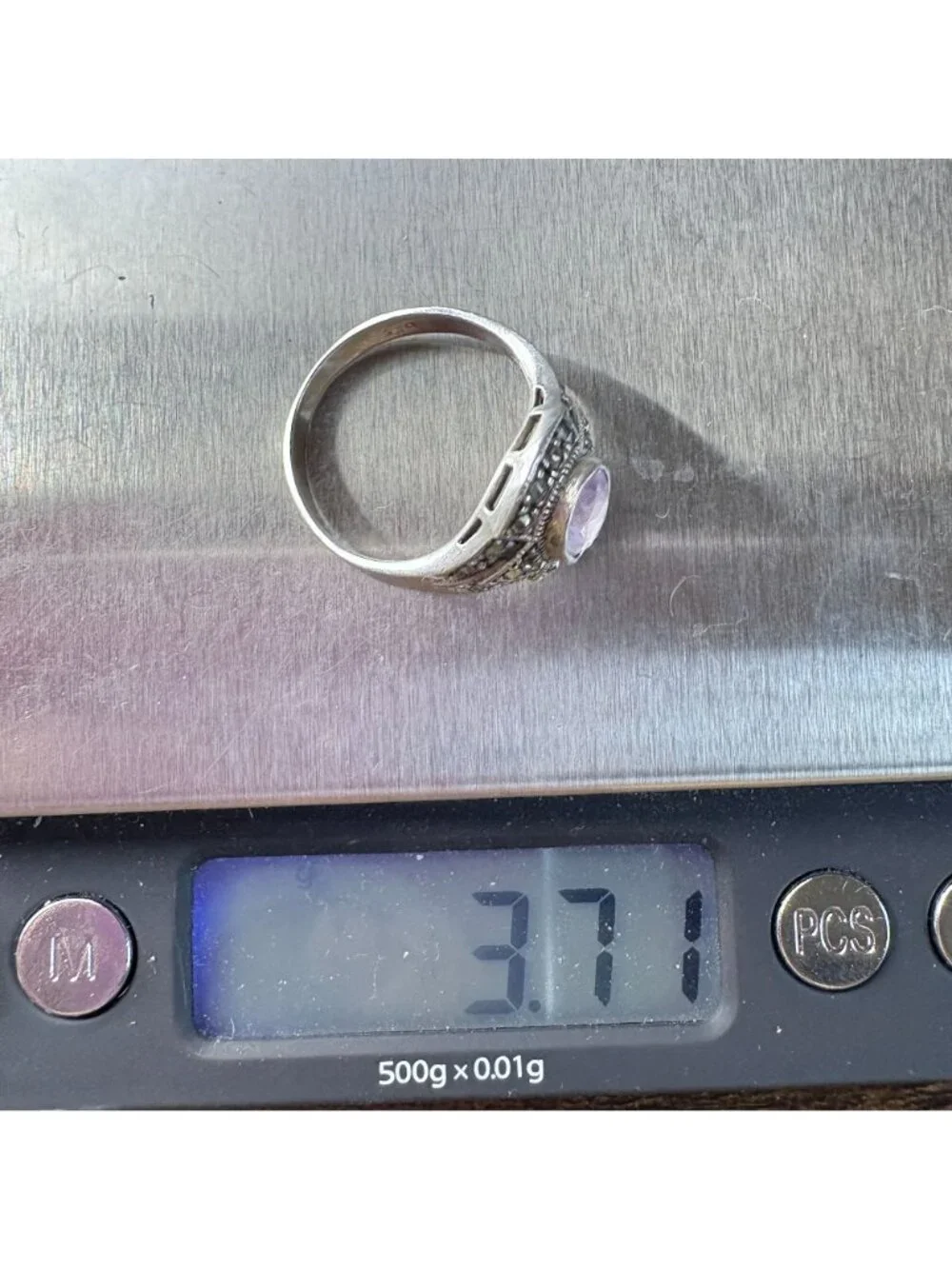 Amethyst & Marcasite Sterling Silver 925 Tapered Band Ring Size 7.5